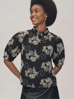 New with tags, Zara Black Floral Puff-Sleeve Blouse with Mock Neck